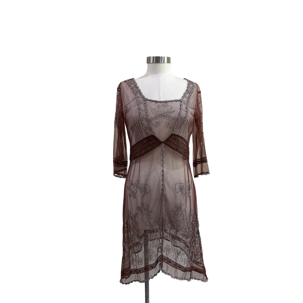 Vintage Style Sheer Mesh Embroidered Lace Trim Dress Brown Silver Size S